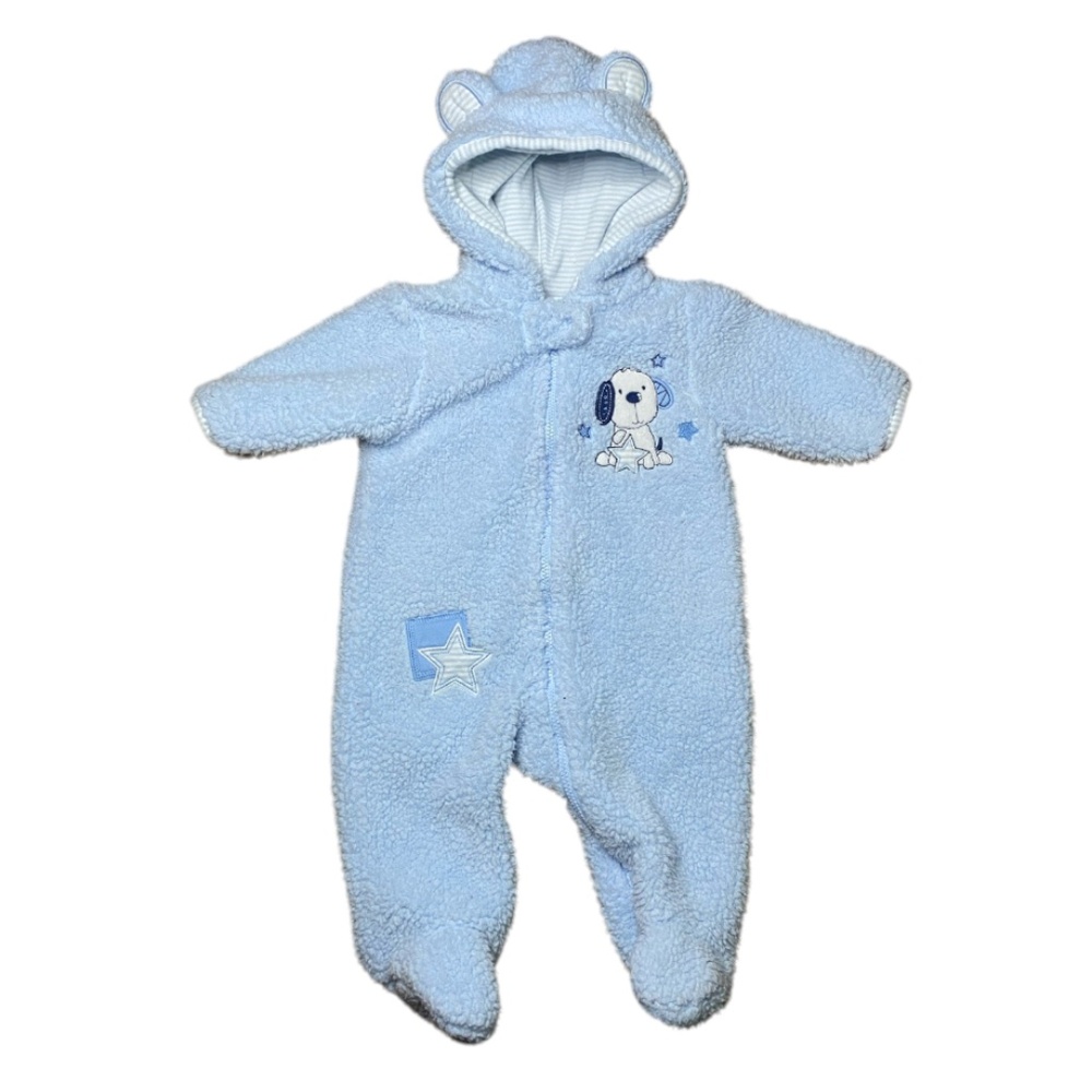 3 Mo blue plush carters bear ear sleeper and dog patch snow winter baby clothes